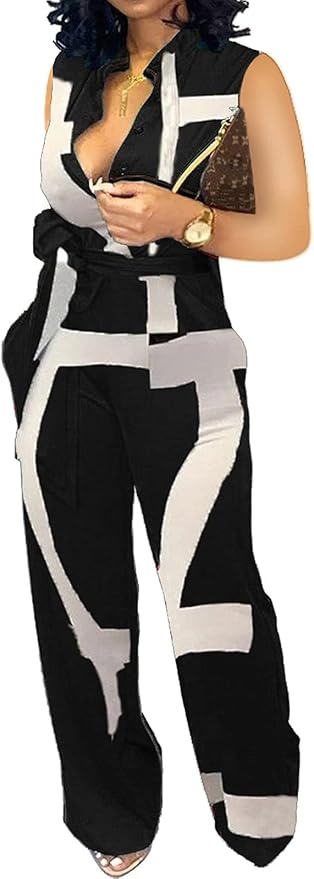 SeNight Women's Jumpsuits Elegant Business Casual Button Down V Neck Long Sleeve Strap Straight Long Pants With Pockets