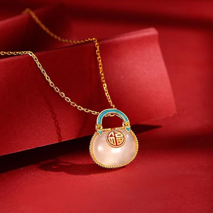 AMINKINA 14K Gold Real Natural Jade Enamel Fortune Bag Necklace, Unique Vintage Style Jade Pendant, Delicate Jade Jewelry Gift for Wife's Prosperity