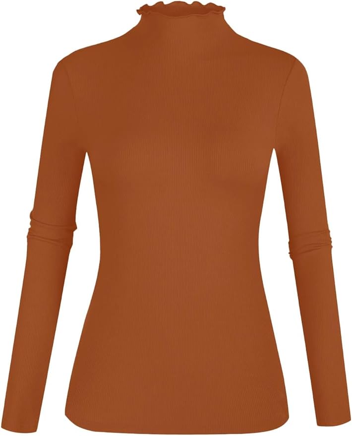 POPZONE Women's Lettuce Trim Mock Neck Long Sleeve Slim Fit Ribbed Knit Tee Shirt Tops