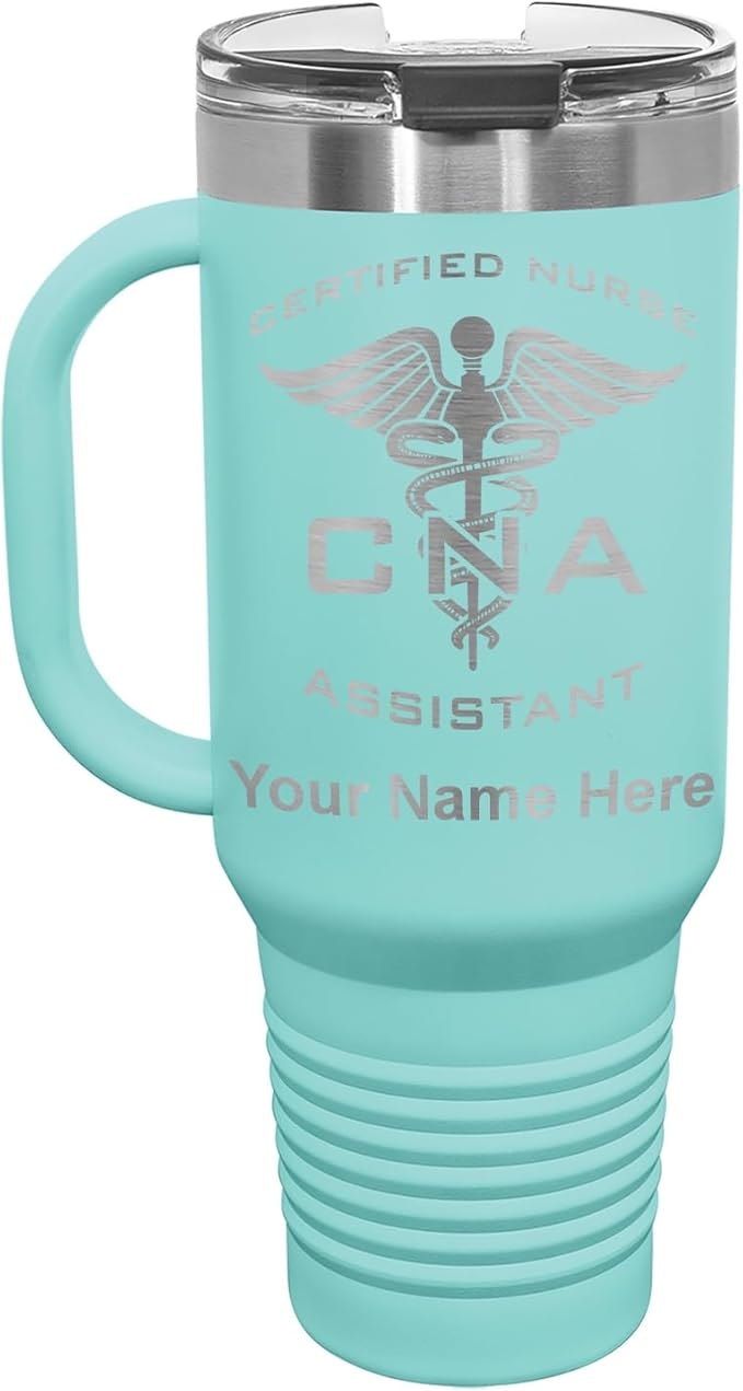 LaserGram 40oz Vacuum Insulated Travel Mug with Handle, CNA Certified Nurse Assistant, Personalized Engraving Included (Teal)