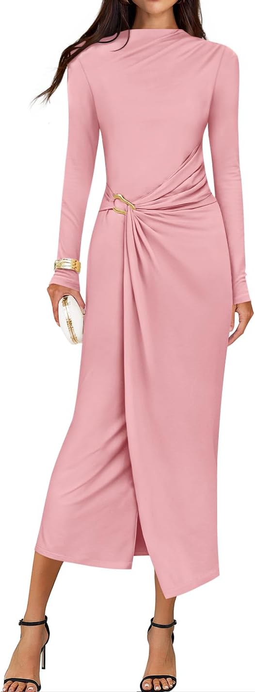 ZESICA Women's 2026 Spring Long Sleeve Bodycon Dress Mock Neck Wedding Guest Cocktail Party Long Midi Dresses