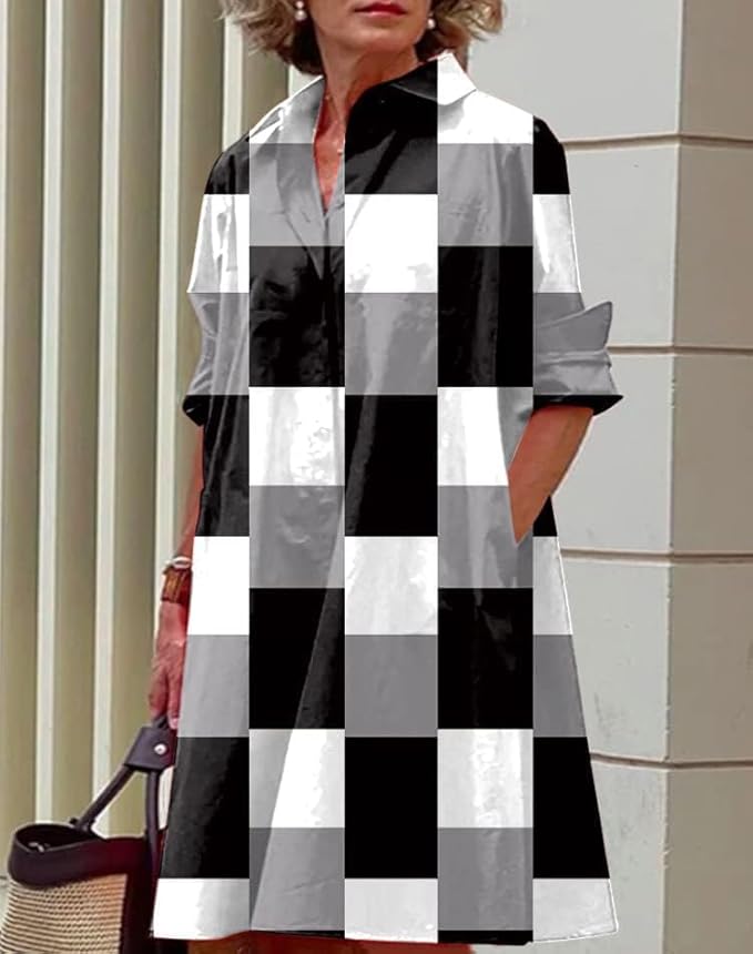 Womens 2025 Long Sleeve Button Down Shirt Summer Dress Casual V Neck Loose Fit Midi Shirt Dresses with Pockets