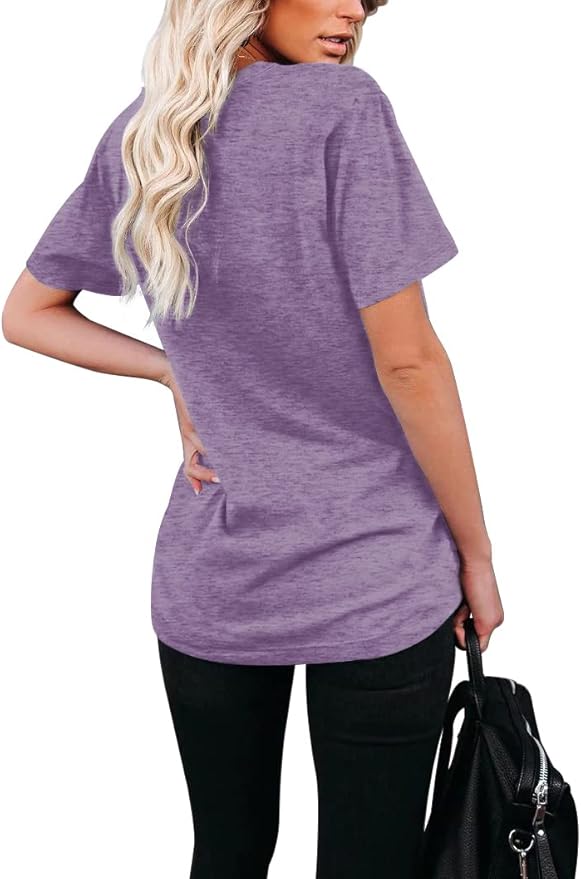 WIHOLL Women Summer T Shirts Short Sleeve Rounded V Neck Pocket Tee Tops