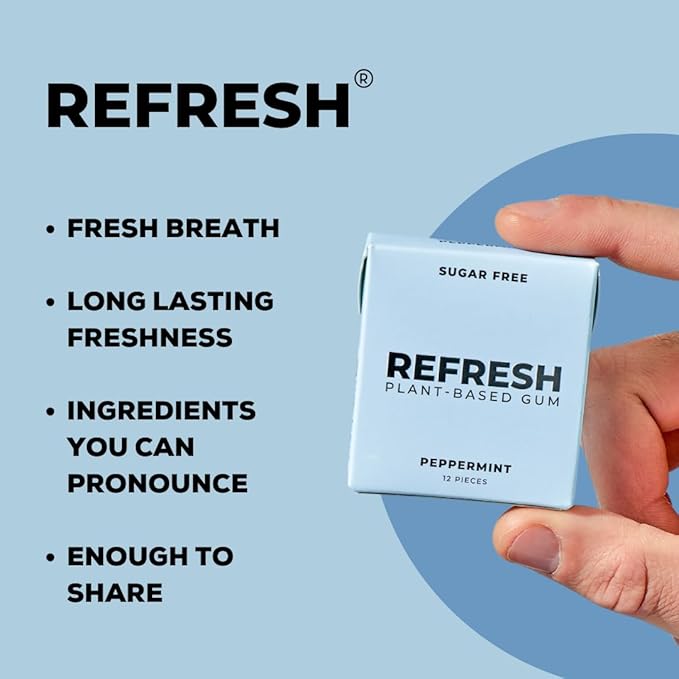 Refresh Gum, Sugar Free, Natural, Xylitol, Long Lasting Chewing Gum, Natural Flavors, Organic Ingredients, Plastic Free, Non GMO, Gluten Free, Vegan (12 Count (Pack of 12), Peppermint)