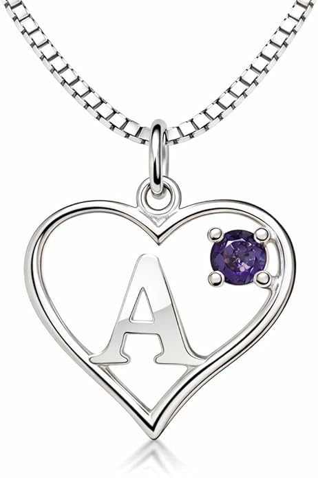 Icy Jewelry Silver Sterling Necklace Initial Letter A-Z Birthstone for Women – Personalized Custom Jewelry Pendant with Heart Design Customized Dainty Charm for Wife Girlfriend Mom – 18" Box Chain