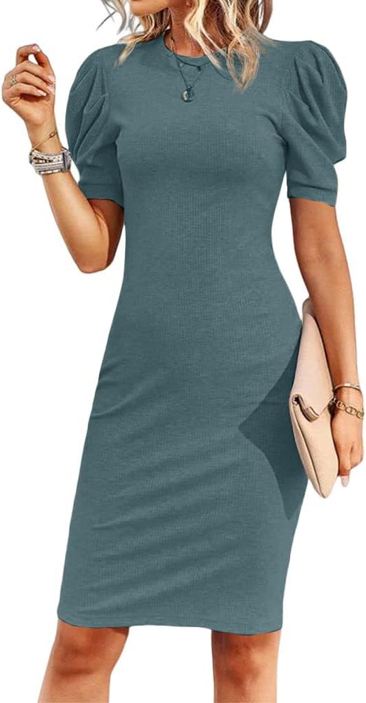 Cicy Bell Women's Puff Sleeve Bodycon Work Dresses Crew Neck Business Casual Office Pencil Dress