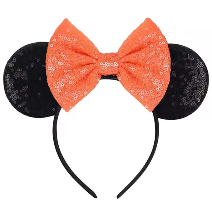 Seamoy Sequin Mouse Ears Headband, Halloween Mice Ears Hairband, Mouse and Mice Costume Hair Accessory for Women Girls (Orange Bow and Black)