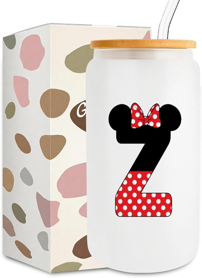 Cute Cartoon Mouse Lover Gifts Initial A-Z Personalized Iced Coffee Cup Magic Mouse Stuff Wizard Gift 16oz Glass Cup with Lid and Straws Birthday Christmas Gifts for Women Teen Girls (Letter Z)