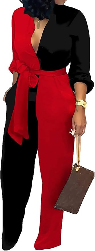 SeNight Women's Jumpsuits Elegant Business Casual Button Down V Neck Long Sleeve Strap Straight Long Pants With Pockets