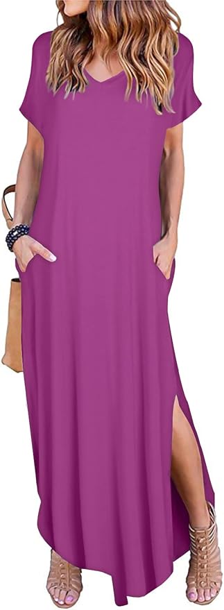 Arolina Women's Summer Maxi Dress Short Sleeve V Neck Casual Loose Long Beach Split Dresses with Pockets