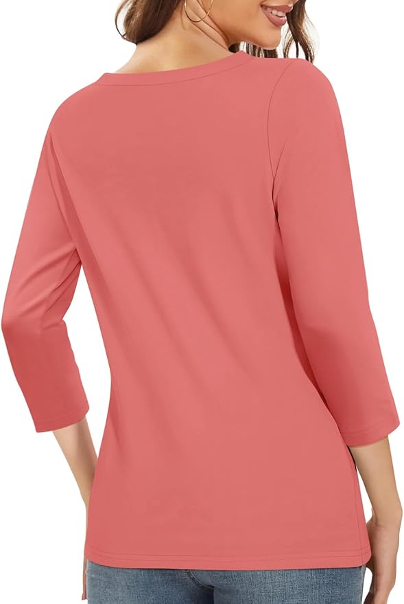 PGANDS Women's 3/4 Length Sleeve T Shirts Button Down Scoop Neck Casual Tops