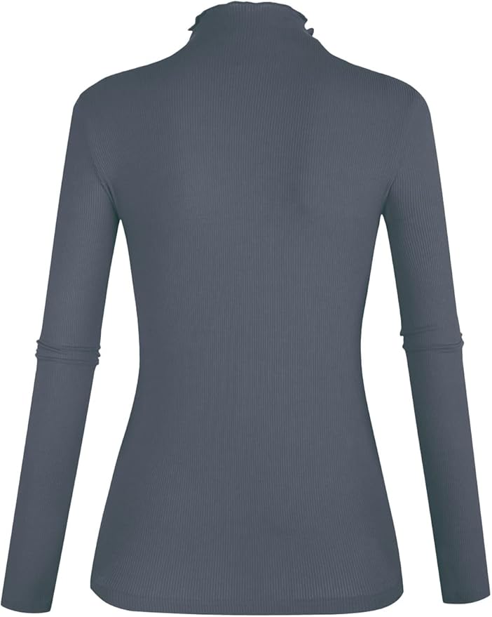 POPZONE Women's Lettuce Trim Mock Neck Long Sleeve Slim Fit Ribbed Knit Tee Shirt Tops