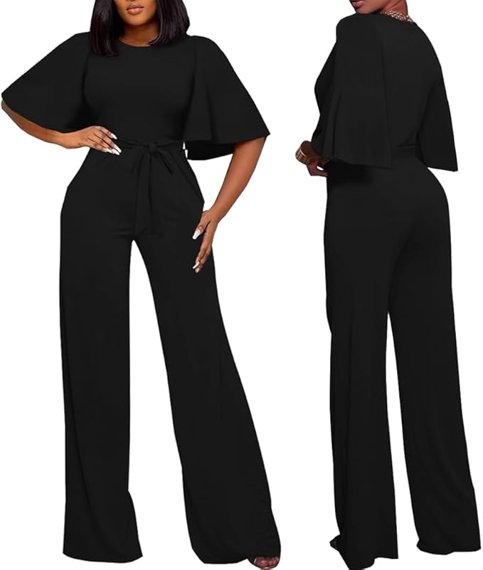 BessCops Womens Loose Short Sleeve Belted Wide Leg Pant Romper Jumpsuit Casual Business One Piece Outfits