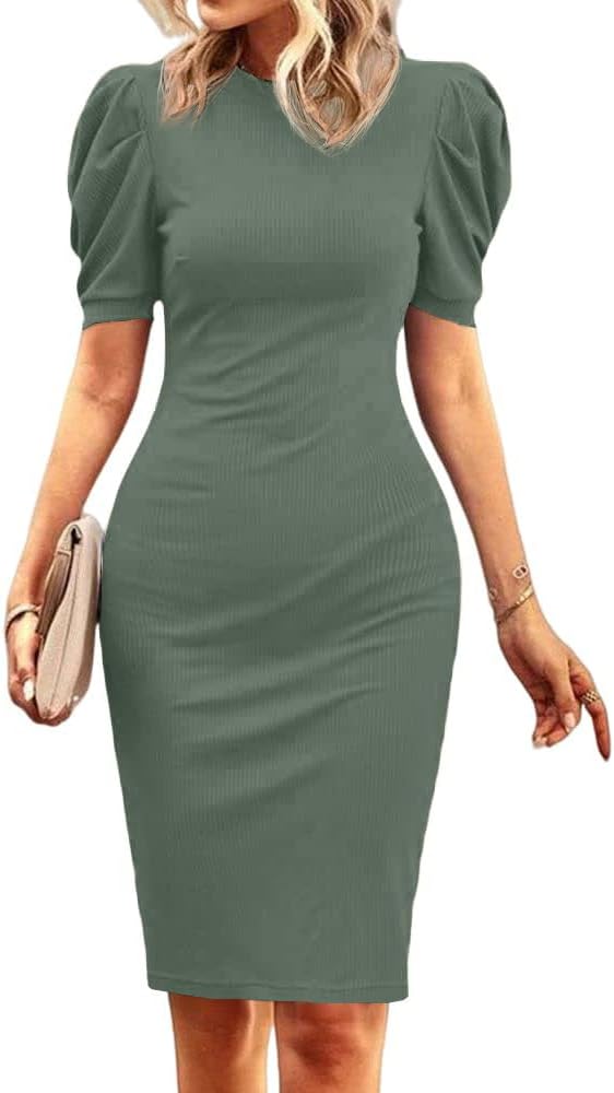Cicy Bell Women's Puff Sleeve Bodycon Work Dresses Crew Neck Business Casual Office Pencil Dress