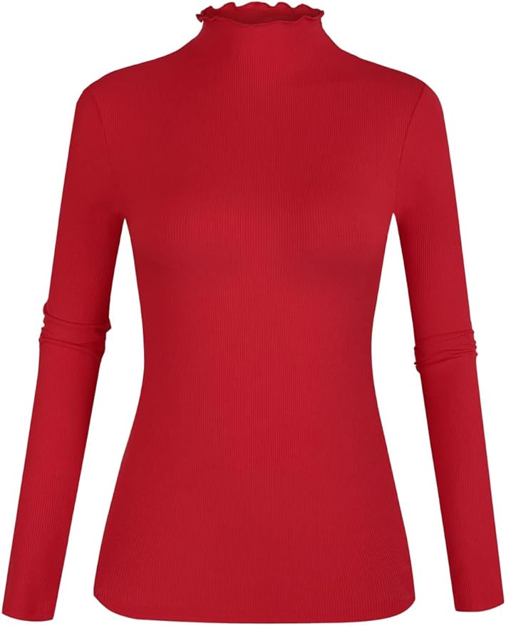 POPZONE Women's Lettuce Trim Mock Neck Long Sleeve Slim Fit Ribbed Knit Tee Shirt Tops