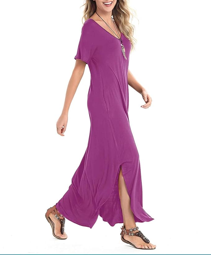 Arolina Women's Summer Maxi Dress Short Sleeve V Neck Casual Loose Long Beach Split Dresses with Pockets