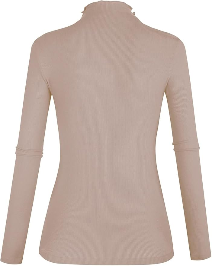 POPZONE Women's Lettuce Trim Mock Neck Long Sleeve Slim Fit Ribbed Knit Tee Shirt Tops