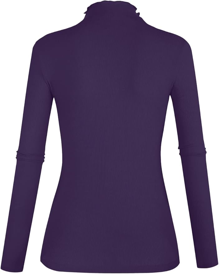 POPZONE Women's Lettuce Trim Mock Neck Long Sleeve Slim Fit Ribbed Knit Tee Shirt Tops