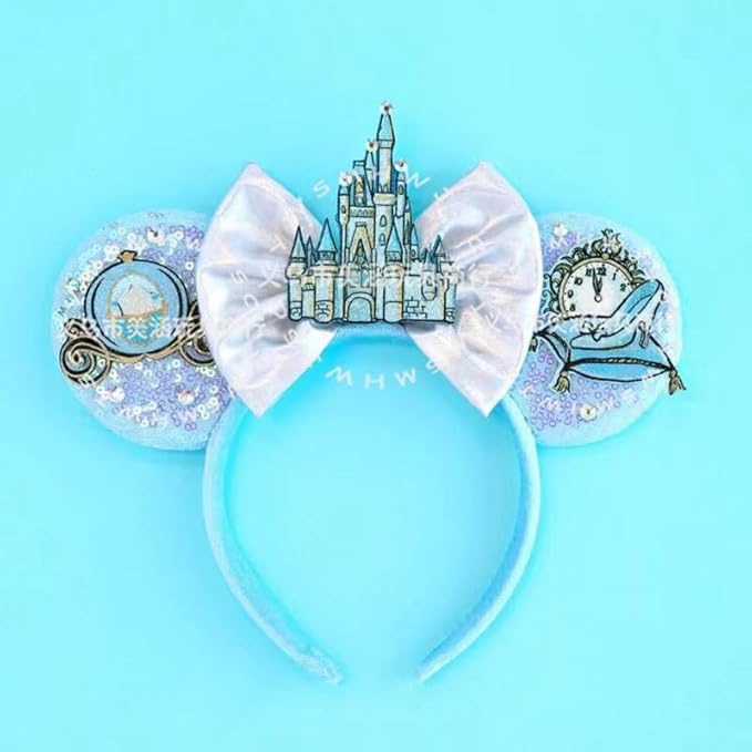 WW-WONDERFULWORLD Mouse Ears Headband With Shiny Sequins Diamond Decoration, for Cinderella Costume Cosplay Glitter Party, Amusement Park, Blue; FG130-3