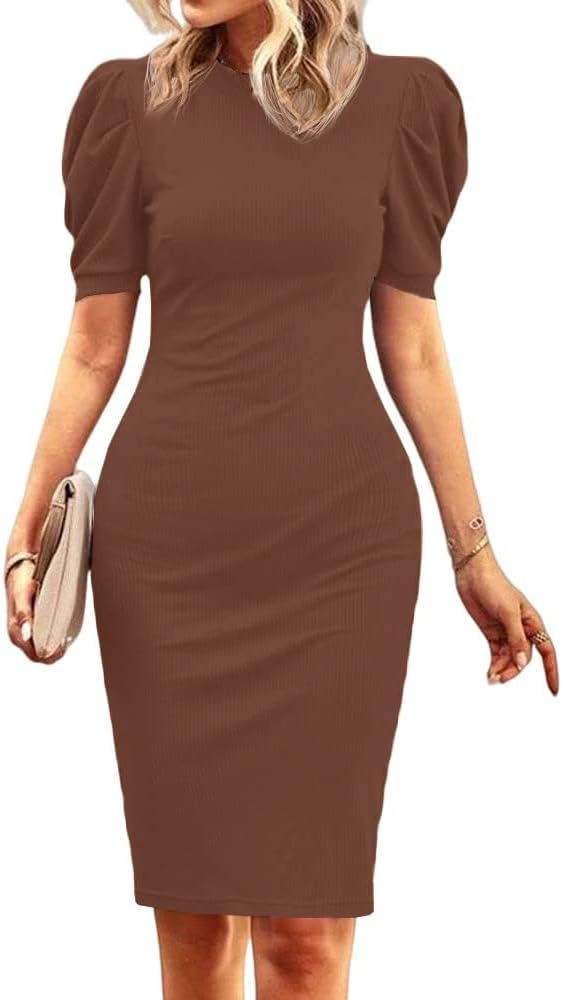 Cicy Bell Women's Puff Sleeve Bodycon Work Dresses Crew Neck Business Casual Office Pencil Dress