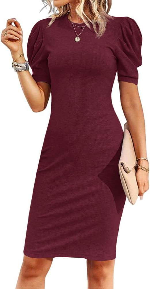 Cicy Bell Women's Puff Sleeve Bodycon Work Dresses Crew Neck Business Casual Office Pencil Dress