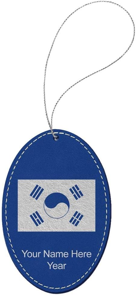 LaserGram Personalized Christmas Ornament, Flag of South Korea, Faux Leather, Custom Laser Engraved Gift Idea (Oval Shape, Dark Blue)
