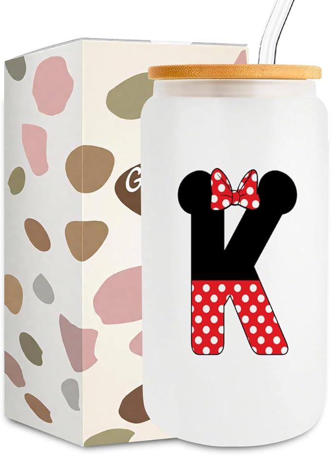 Cute Cartoon Mouse Lover Gifts Initial A-Z Personalized Iced Coffee Cup Magic Mouse Stuff Wizard Gift 16oz Glass Cup with Lid and Straws Birthday Christmas Gifts for Women Teen Girls (Letter K)