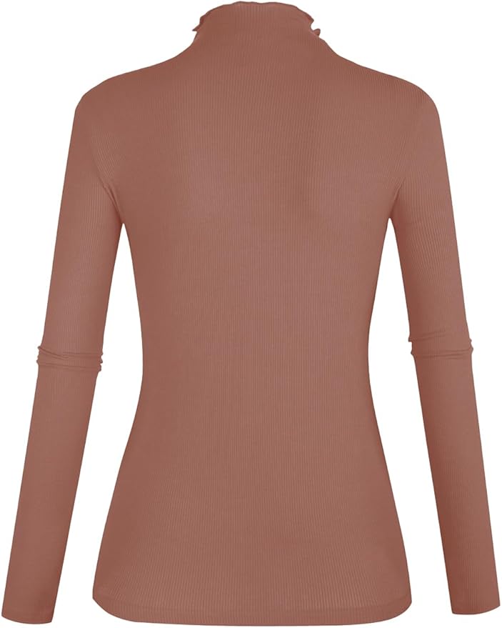 POPZONE Women's Lettuce Trim Mock Neck Long Sleeve Slim Fit Ribbed Knit Tee Shirt Tops