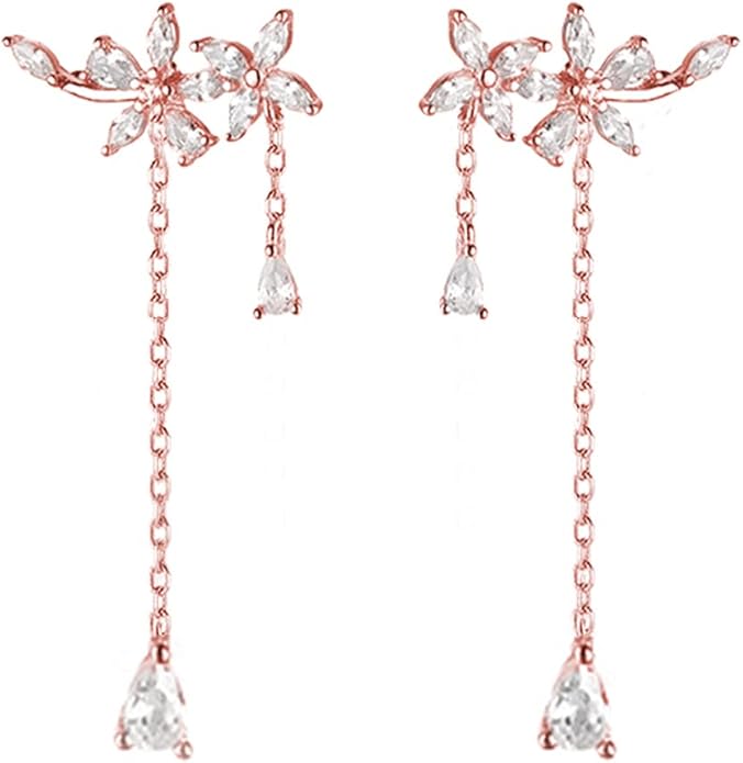 SLUYNZ 925 Sterling Silver CZ Flowers Wrap Dangle Chain Earrings - Elegant Bridal Wedding Engagement Drop Earrings