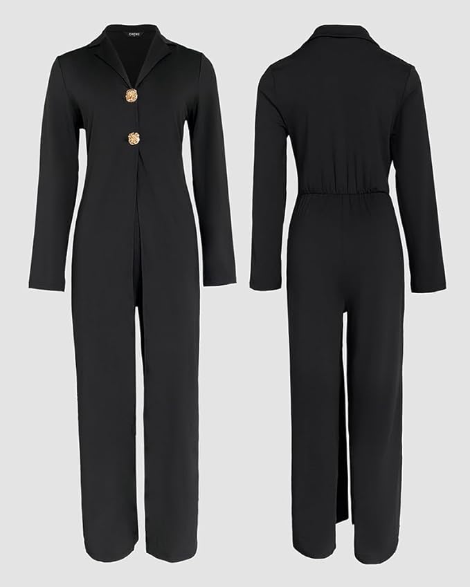 CHICME Womens Faux Two Piece Jumpsuits Casual Dressy Long Sleeve V Neck Wide Leg One Piece Outfits