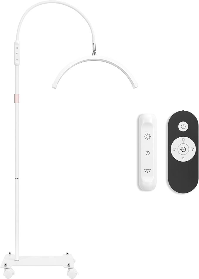 Lash Light for Eyelash Tech with Wheels, Half Moon Light for Lashes, Nails and Estheticians, LED Floor Lamp Adjustable Brightness and Color Modes (White)