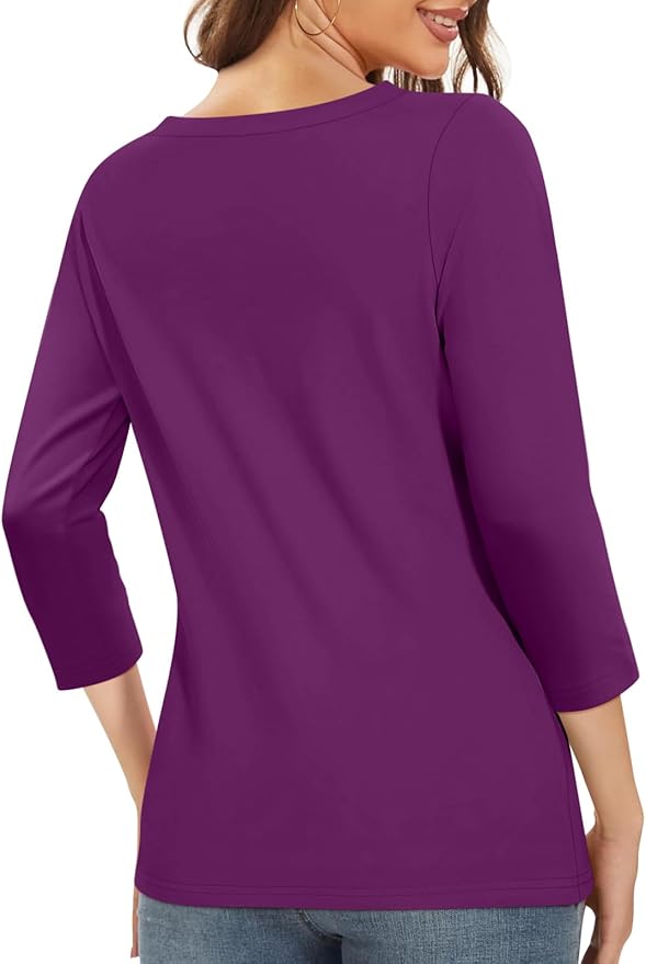 PGANDS Women's 3/4 Length Sleeve T Shirts Button Down Scoop Neck Casual Tops