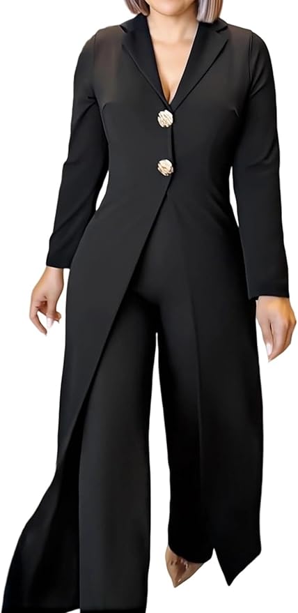 CHICME Womens Faux Two Piece Jumpsuits Casual Dressy Long Sleeve V Neck Wide Leg One Piece Outfits