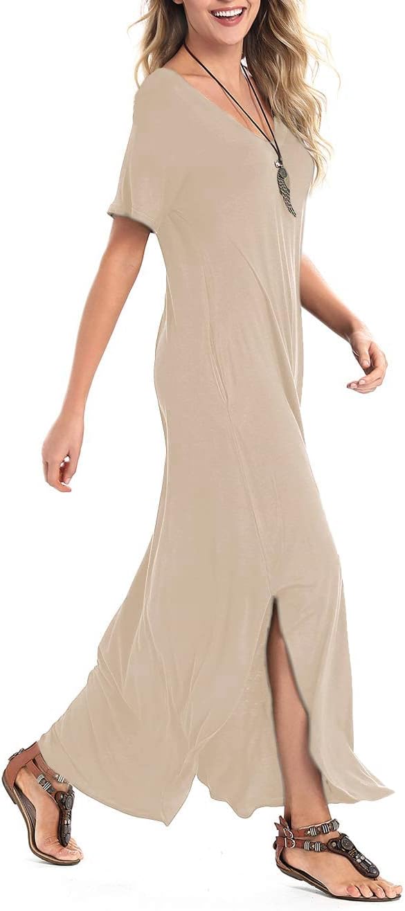 Arolina Women's Summer Maxi Dress Short Sleeve V Neck Casual Loose Long Beach Split Dresses with Pockets