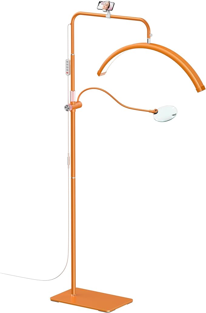 AURELLE Half Moon Lash Light - Adjustable LED Floor Lash Lamp with 4X Magnifier & Phone Holder for Eyelash Extensions,Nail Art,Tattoo,Skincare,Salon SPA-Dimmable Brightness,Rotating Head, Orange