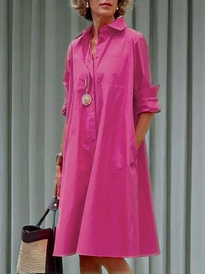 Womens 2025 Long Sleeve Button Down Shirt Summer Dress Casual V Neck Loose Fit Midi Shirt Dresses with Pockets