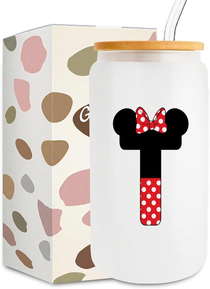 Cute Cartoon Mouse Lover Gifts Initial A-Z Personalized Iced Coffee Cup Magic Mouse Stuff Wizard Gift 16oz Glass Cup with Lid and Straws Birthday Christmas Gifts for Women Teen Girls (Letter T)