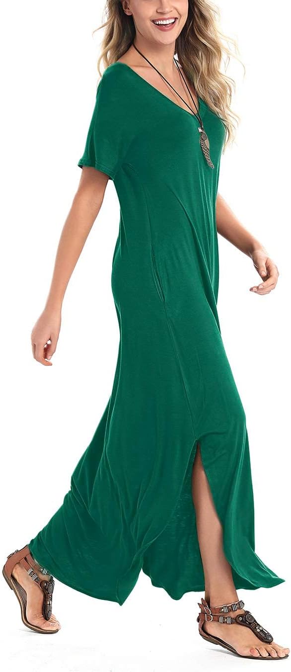 Arolina Women's Summer Maxi Dress Short Sleeve V Neck Casual Loose Long Beach Split Dresses with Pockets