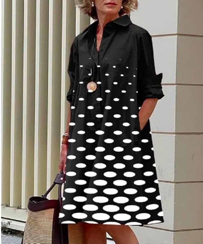 Womens 2025 Long Sleeve Button Down Shirt Summer Dress Casual V Neck Loose Fit Midi Shirt Dresses with Pockets