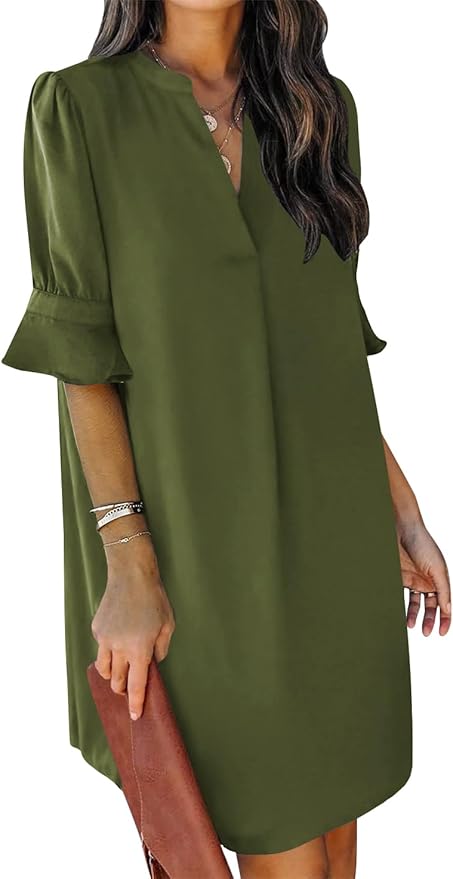 QACOHU Summer Dresses for Women V Neck Ruffle Short Sleeve Casual Shift Dress