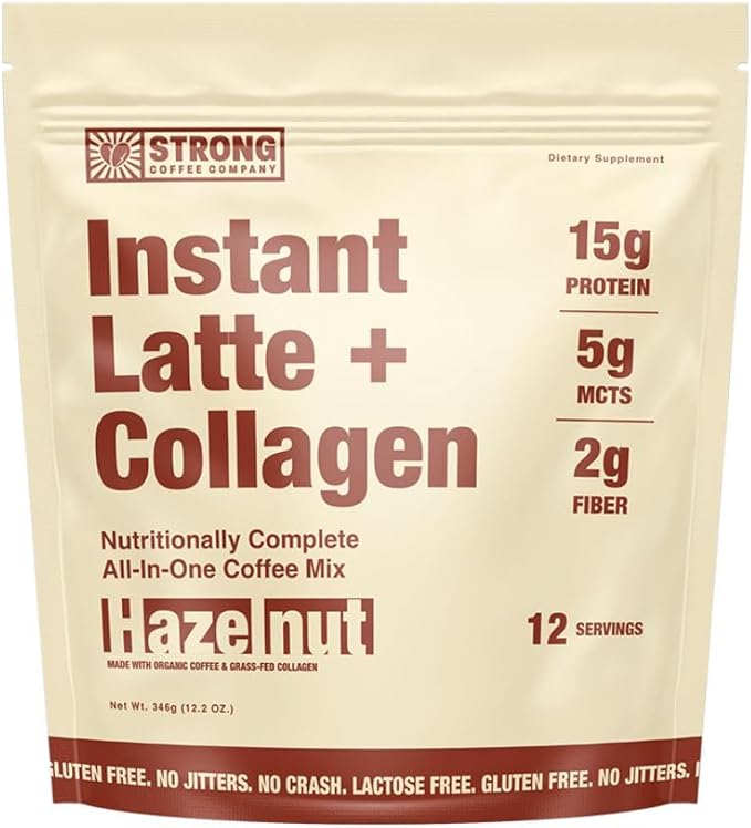 Strong Coffee Co. Hazelnut Instant Latte | Organic Coffee with 15g Collagen Protein | Lion’s Mane & L-Theanine | Nootropic Instant Coffee | 12 Servings