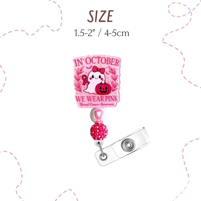 in October We Wear Pink Breast Cancer Awareness Badge Reel Ghost Halloween Hospital Clinic ID Name Holder Clip Fighters Support Survivors Accessories Gift for Healtcare Workers CNA Nurse Coworkers