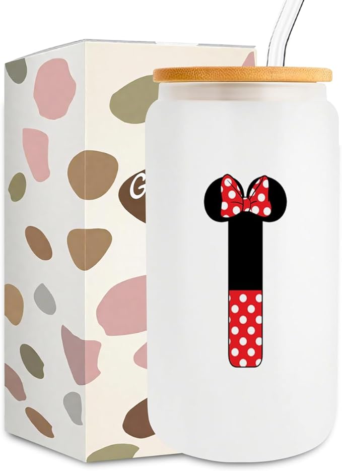 Cute Cartoon Mouse Lover Gifts Initial A-Z Personalized Iced Coffee Cup Magic Mouse Stuff Wizard Gift 16oz Glass Cup with Lid and Straws Birthday Christmas Gifts for Women Teen Girls (Letter I)