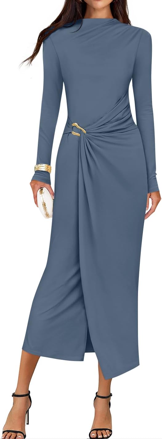 ZESICA Women's 2026 Spring Long Sleeve Bodycon Dress Mock Neck Wedding Guest Cocktail Party Long Midi Dresses