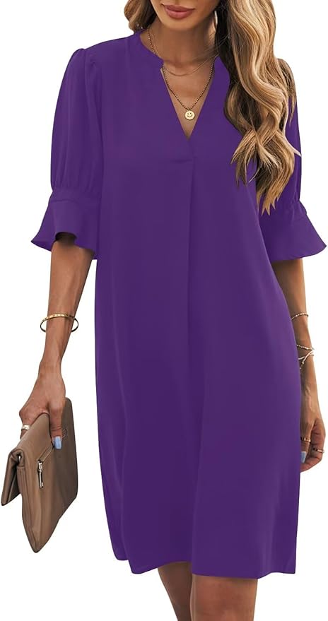 Wkior Shift Dress for Women V Neck Short Sleeves Solid Color Casual Flowy Summer Dresses(S-2XL)