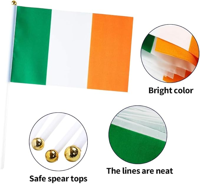 20 Pack Small Ireland Flags on Stick Mini Handheld Irish Flag for Parades, Independence Day and Patriotic Events 5x8 Inch Durable Weather-Resistant Flags with 12 Inch Sticks(Ireland)