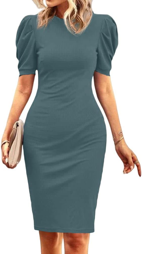 Cicy Bell Women's Puff Sleeve Bodycon Work Dresses Crew Neck Business Casual Office Pencil Dress