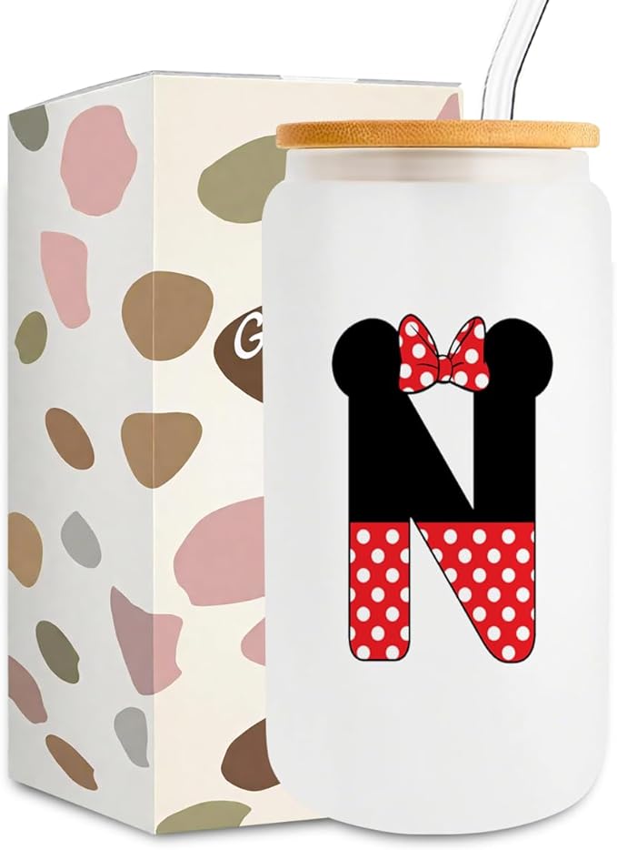 Cute Cartoon Mouse Lover Gifts Initial A-Z Personalized Iced Coffee Cup Magic Mouse Stuff Wizard Gift 16oz Glass Cup with Lid and Straws Birthday Christmas Gifts for Women Teen Girls (Letter N)
