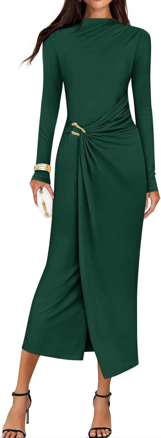 ZESICA Women's 2026 Spring Long Sleeve Bodycon Dress Mock Neck Wedding Guest Cocktail Party Long Midi Dresses