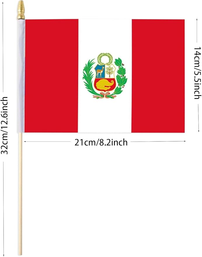 GSYLPFT 12 Pack Peru Flags on Sticks Peruvian Small Mini Hand Held Flags for Office Classroom Holiday Party Decorations